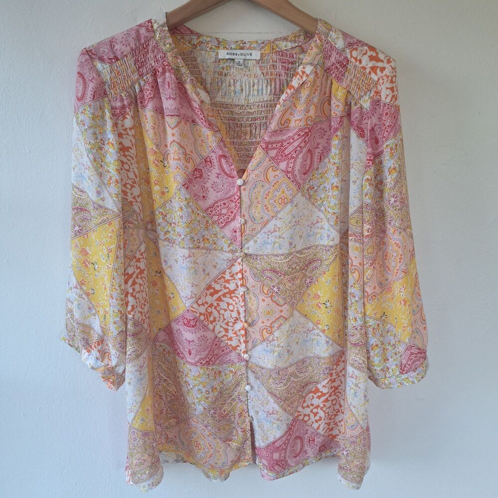 Rose & Olive Womens Pink Paisley Patchwork Boho Hippie Tunic Blouse 1X PLUS SIZE